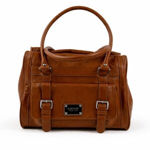 Nine West Brown Faux Leather Satchel Shoulder Bag Buckle Detail Medium Tote